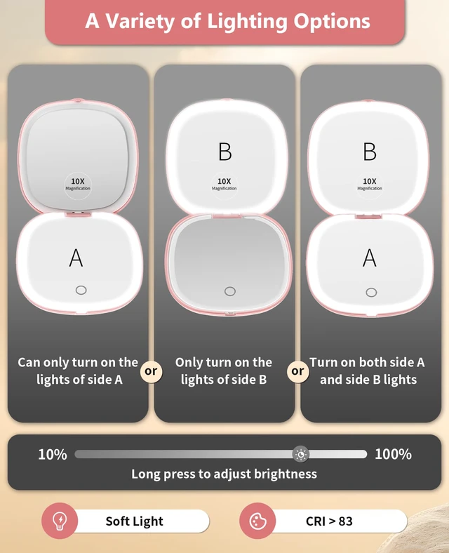 Alt view image 3 of 7 - 1x/10x Rechargeable Lighted Travel Makeup Mirror | Compact Magnifying Mirror with Lights, Portable for Bag, 4inch, Gift, Rose Gold