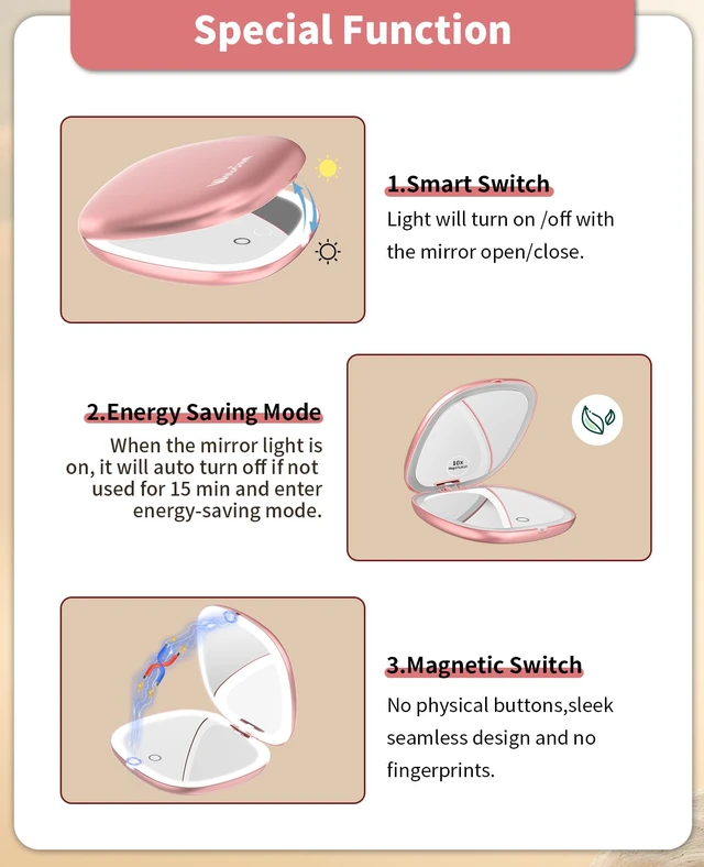 Alt view image 4 of 7 - 1x/10x Rechargeable Lighted Travel Makeup Mirror | Compact Magnifying Mirror with Lights, Portable for Bag, 4inch, Gift, Rose Gold