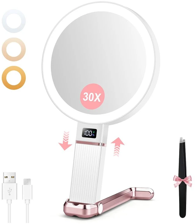 Main image of Travel Makeup Mirror with Lights, Height Adjustable 30X/1X Double-Sided Magnifying Mirror, Portable Vanity Mirror with Digital Display & Phone Holder, Handheld Tabletop Hanging, Rose Gold