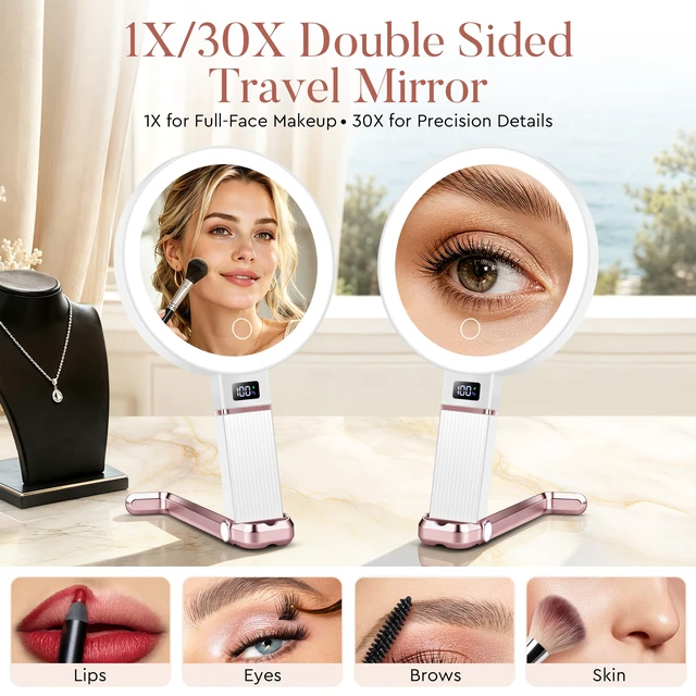 Alt view image 3 of 7 - Travel Makeup Mirror with Lights, Height Adjustable 30X/1X Double-Sided Magnifying Mirror, Portable Vanity Mirror with Digital Display & Phone Holder, Handheld Tabletop Hanging, Rose Gold