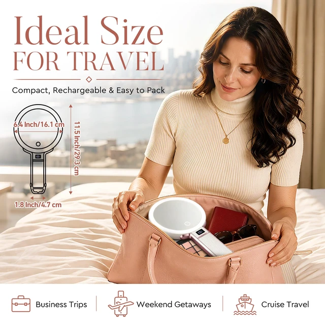 Alt view image 4 of 7 - Travel Makeup Mirror with Lights, Height Adjustable 30X/1X Double-Sided Magnifying Mirror, Portable Vanity Mirror with Digital Display & Phone Holder, Handheld Tabletop Hanging, Rose Gold