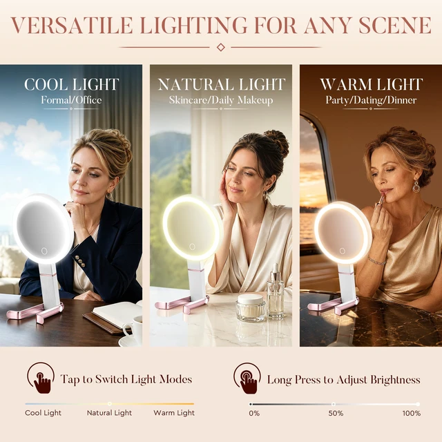 Alt view image 5 of 7 - Travel Makeup Mirror with Lights, Height Adjustable 30X/1X Double-Sided Magnifying Mirror, Portable Vanity Mirror with Digital Display & Phone Holder, Handheld Tabletop Hanging, Rose Gold