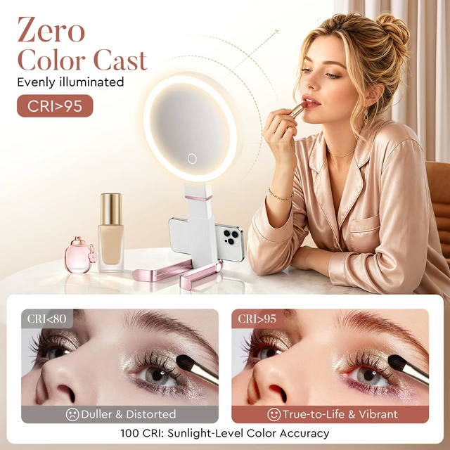 Alt view image 6 of 7 - Travel Makeup Mirror with Lights, Height Adjustable 30X/1X Double-Sided Magnifying Mirror, Portable Vanity Mirror with Digital Display & Phone Holder, Handheld Tabletop Hanging, Rose Gold
