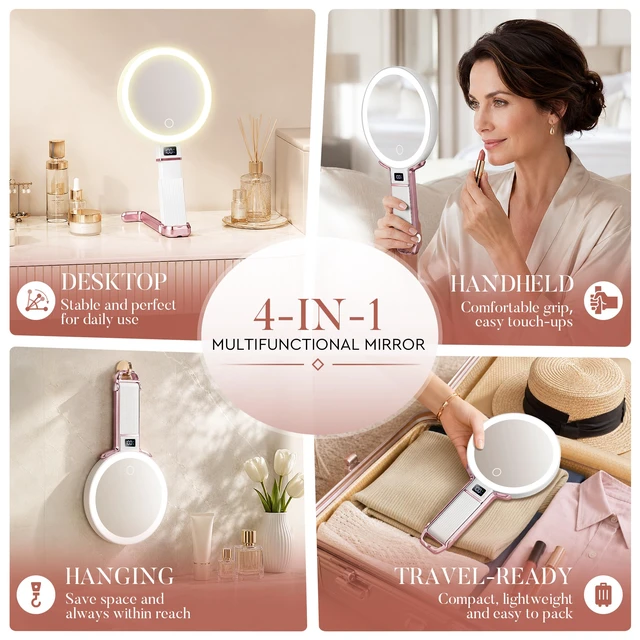 Alt view image 7 of 7 - Travel Makeup Mirror with Lights, Height Adjustable 30X/1X Double-Sided Magnifying Mirror, Portable Vanity Mirror with Digital Display & Phone Holder, Handheld Tabletop Hanging, Rose Gold