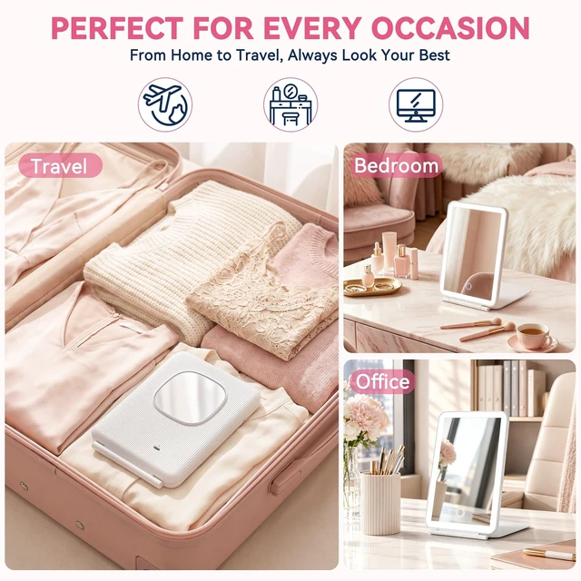 Alt view image 2 of 7 - 2000mAh Rechargeable Travel Makeup Mirror with 76 Led Lights | with Detachable Magnetic 30X Magnifying Mirror& Portable Pouch, Touch Dimming, 3 Light Colors, Compact Foldable Vanity Mirror