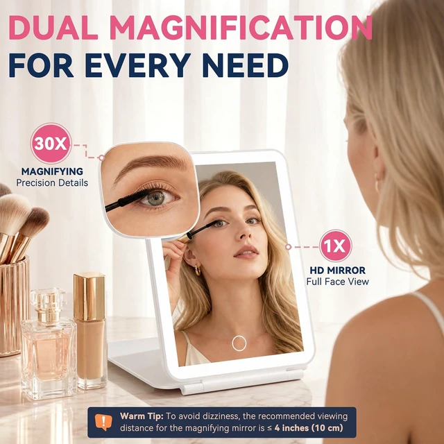 Alt view image 3 of 7 - 2000mAh Rechargeable Travel Makeup Mirror with 76 Led Lights | with Detachable Magnetic 30X Magnifying Mirror& Portable Pouch, Touch Dimming, 3 Light Colors, Compact Foldable Vanity Mirror