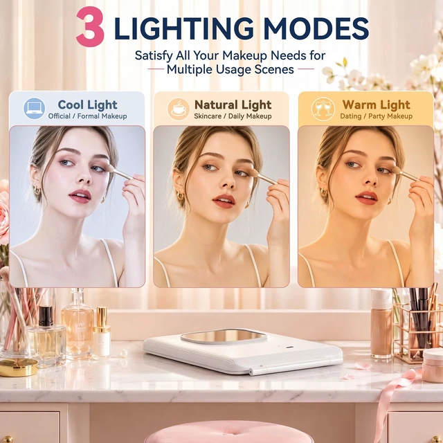 Alt view image 4 of 7 - 2000mAh Rechargeable Travel Makeup Mirror with 76 Led Lights | with Detachable Magnetic 30X Magnifying Mirror& Portable Pouch, Touch Dimming, 3 Light Colors, Compact Foldable Vanity Mirror