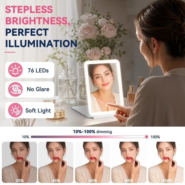 Alt view image 5 of 7 - 2000mAh Rechargeable Travel Makeup Mirror with 76 Led Lights | with Detachable Magnetic 30X Magnifying Mirror& Portable Pouch, Touch Dimming, 3 Light Colors, Compact Foldable Vanity Mirror