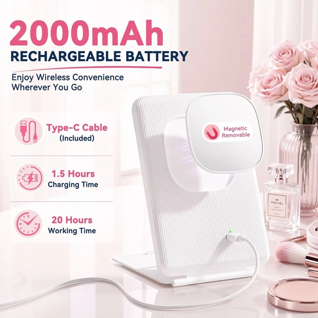 Alt view image 6 of 7 - 2000mAh Rechargeable Travel Makeup Mirror with 76 Led Lights | with Detachable Magnetic 30X Magnifying Mirror& Portable Pouch, Touch Dimming, 3 Light Colors, Compact Foldable Vanity Mirror