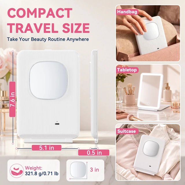 Alt view image 7 of 7 - 2000mAh Rechargeable Travel Makeup Mirror with 76 Led Lights | with Detachable Magnetic 30X Magnifying Mirror& Portable Pouch, Touch Dimming, 3 Light Colors, Compact Foldable Vanity Mirror