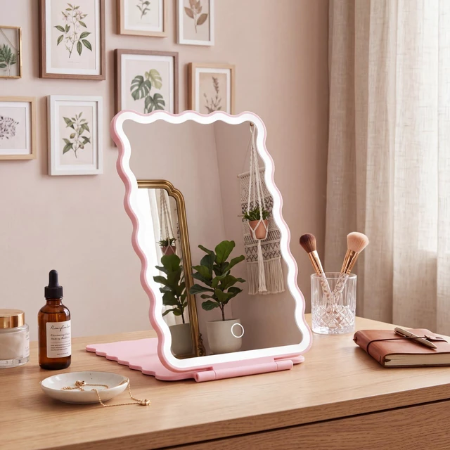 Main image of 8.3 x 5.3 in Scalloped Makeup Mirror with Lights 500mah Battery | Small Wavy Frame College Dorm Rechargeable Folding Portable 3 Color Dimmable Vanity Mirrors for Travel Table Office Gift Pink