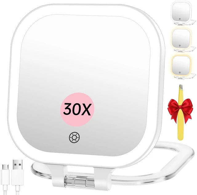 Main image of 7" Rechargeable Travel Makeup Mirror 30X Magnification (White) | Lighted Portable Vanity Mirror with 3 Colors Lighting & Stepless Dimming, Double Sided LED Mirror, Gift for Women
