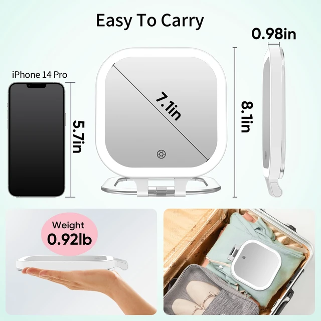 Alt view image 2 of 6 - 7" Rechargeable Travel Makeup Mirror 30X Magnification (White) | Lighted Portable Vanity Mirror with 3 Colors Lighting & Stepless Dimming, Double Sided LED Mirror, Gift for Women