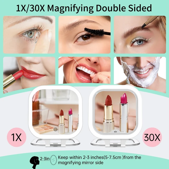 Alt view image 4 of 6 - 7" Rechargeable Travel Makeup Mirror 30X Magnification (White) | Lighted Portable Vanity Mirror with 3 Colors Lighting & Stepless Dimming, Double Sided LED Mirror, Gift for Women