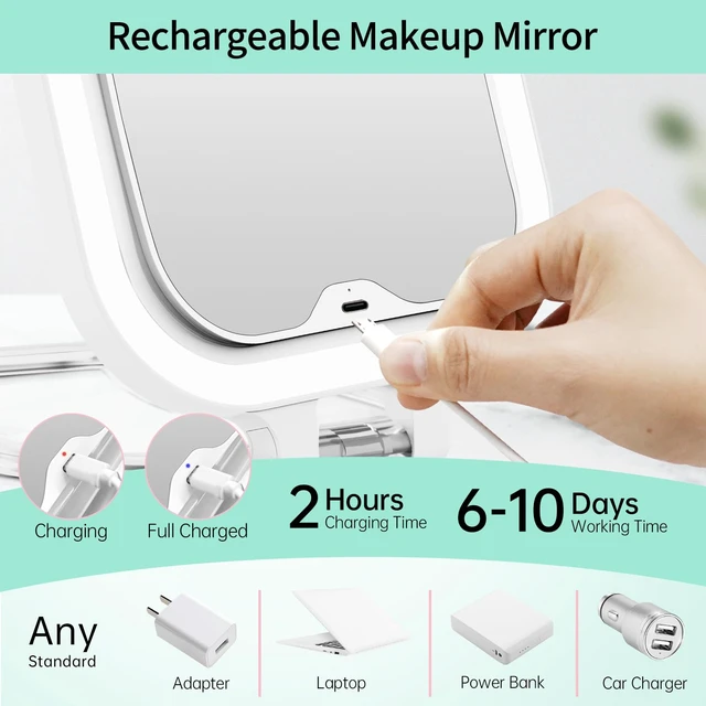 Alt view image 6 of 6 - 7" Rechargeable Travel Makeup Mirror 30X Magnification (White) | Lighted Portable Vanity Mirror with 3 Colors Lighting & Stepless Dimming, Double Sided LED Mirror, Gift for Women