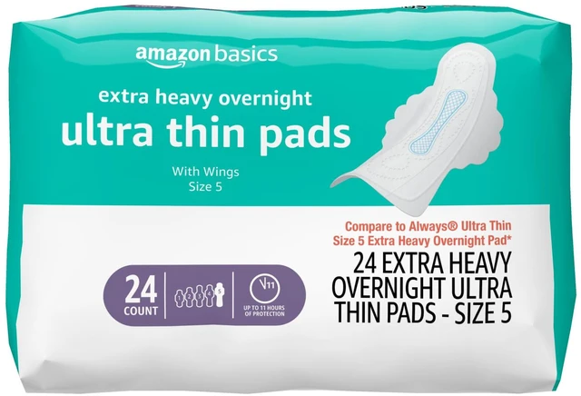 Main image of Ultra Thin Pads with Flexi-Wings for Periods, Extra Heavy Overnight Absorbency, Unscented, Size 5, 24 Count, 1 Pack (Previously Solimo)
