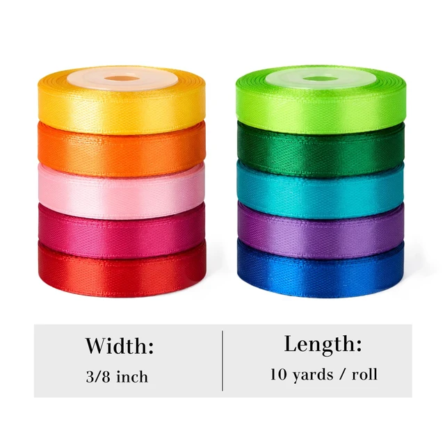 Alt view image 2 of 7 - Rainbow Satin Ribbon, 3/8 Inch x 10 Rolls, 100 Yards Total | Colorful Ribbons for gift Wrapping, Bouquets, Crafts, Hair Bows, Wedding Decorations