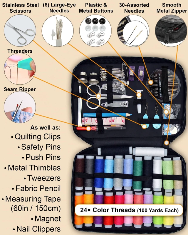 Alt view image 3 of 7 - Sewing Kit for Adults, 100-Piece Hand Sewing Needle & Thread Kit | Portable travel case with 24 thread colors for beginners and quick clothing repairs, buttons, small tears and loose hems
