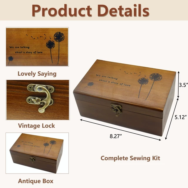 Alt view image 3 of 6 - Sewing Kit Box Basket, Wooden Hand Home Sewing Repair Tool Kit, Beginner Universal Sew Kit Accessories for Women, Men, Adults, Girls, Kids (Retro Dandelion)