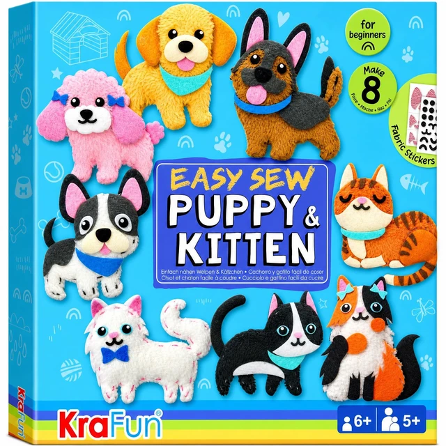 Main image of Puppy & Kitten Sewing Kit for Kids Ages 6+ | 8 Dolls | Sew 8 dog & cat stuffed dolls. Instructions & felt included. Great beginner gift for girls & boys learning to sew