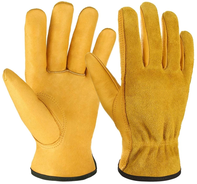 Main image of Leather Work Gloves Flex Grip Tough Cowhide Gardening Glove for Wood Cutting/Construction/Driving/Garden for Men and Women 1 Pair (Gold,Large)