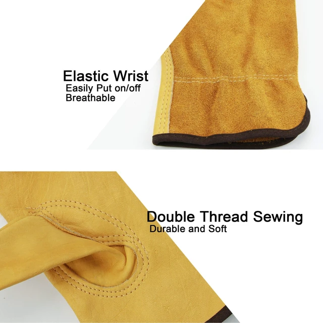 Alt view image 3 of 7 - Leather Work Gloves Flex Grip Tough Cowhide Gardening Glove for Wood Cutting/Construction/Driving/Garden for Men and Women 1 Pair (Gold,Large)