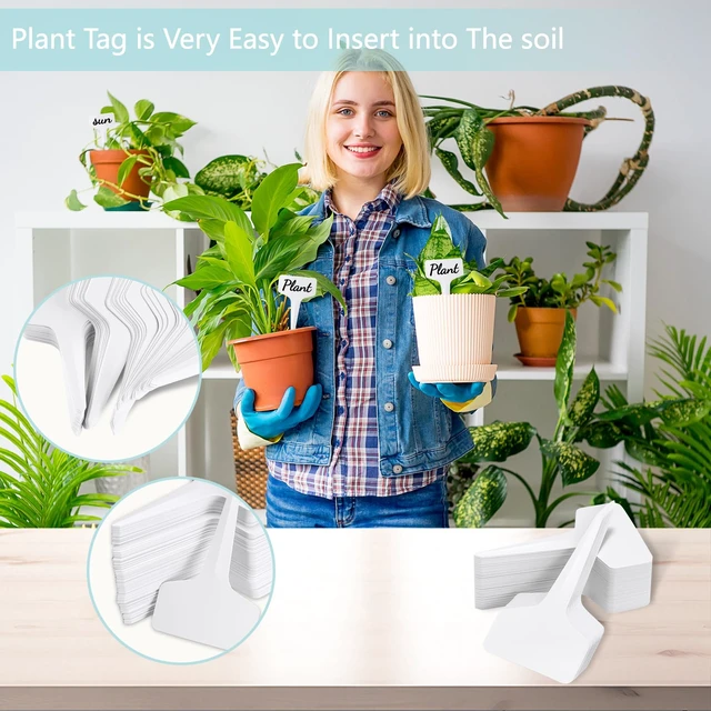 Alt view image 5 of 7 - 200 PCS Plant Labels T-Shape, 4 Inch Potted Plant Name Tags Plastic, White | Seedlings Seed Markers Nursery Plant Stake Tag with Marking Pen for Outdoor Indoor Garden Patio Flower Vegetable