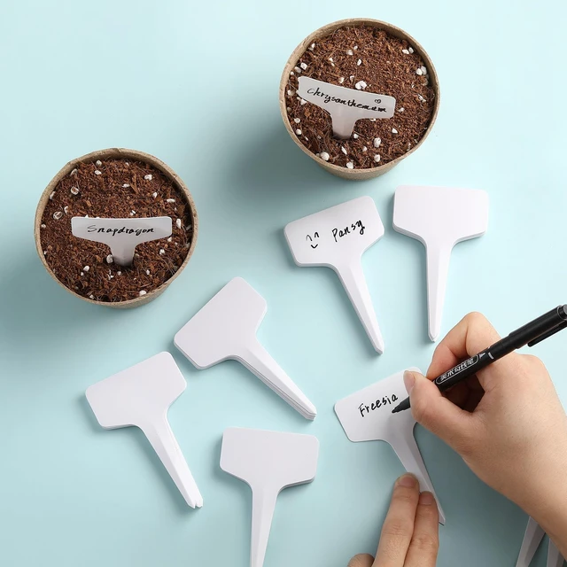 Alt view image 3 of 7 - 200 PCS Plant Labels T-Shape, 4 Inch Potted Plant Name Tags Plastic, White | Seedlings Seed Markers Nursery Plant Stake Tag with Marking Pen for Outdoor Indoor Garden Patio Flower Vegetable