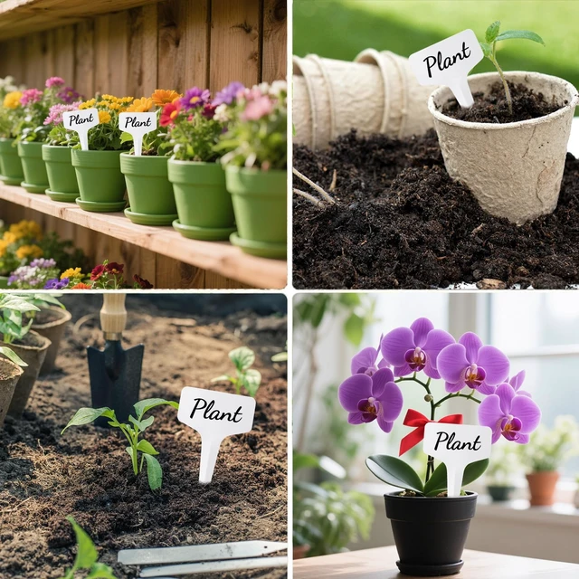 Alt view image 4 of 7 - 200 PCS Plant Labels T-Shape, 4 Inch Potted Plant Name Tags Plastic, White | Seedlings Seed Markers Nursery Plant Stake Tag with Marking Pen for Outdoor Indoor Garden Patio Flower Vegetable