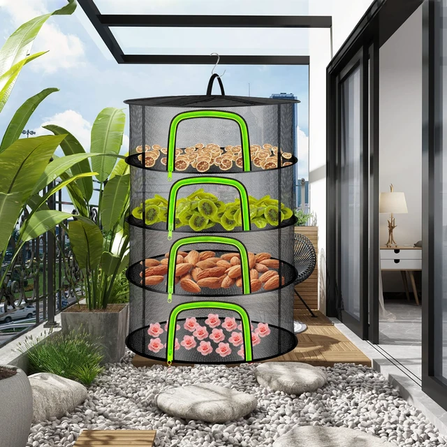 Alt view image 7 of 7 - 4 Layer Herb Drying Rack Hanging Mesh Plant Dry Net Basket for Herbs Plants Flower Vegetables Spices Fish Food with Green Zippers