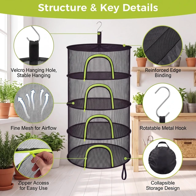 Alt view image 3 of 7 - 4-Layer Herb Drying Rack, 23.62in Foldable Hanging Plant Mesh Net | Versatile Herb Drying with U-Zipper and S-Hooks, for Drying Herbs, Plants, Flowers, Indoor and Outdoor Use