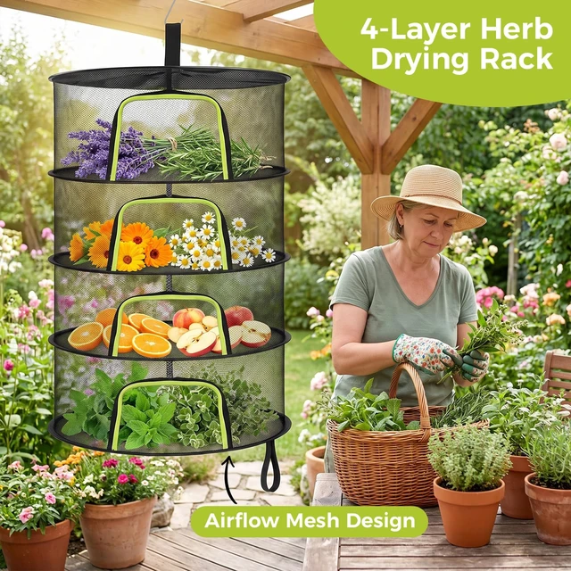 Alt view image 4 of 7 - 4-Layer Herb Drying Rack, 23.62in Foldable Hanging Plant Mesh Net | Versatile Herb Drying with U-Zipper and S-Hooks, for Drying Herbs, Plants, Flowers, Indoor and Outdoor Use