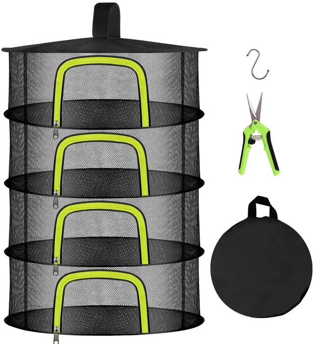 Main image of 4-Layer Hanging Herb Drying Rack, Foldable Mesh Net with Zipper | 23.62 Inch with Zipper, S-Hooks and Bonus Garden Pruning Shears, for Herbs, Flowers, Plants, Indoor and Outdoor Use