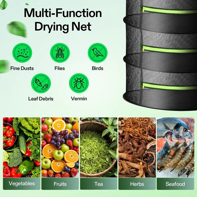 Alt view image 7 of 7 - 4-Layer Mesh Drying Rack Hanging Design with Green Zippers for Dehydrating, Indoor and Outdoor Pruning Shears Included