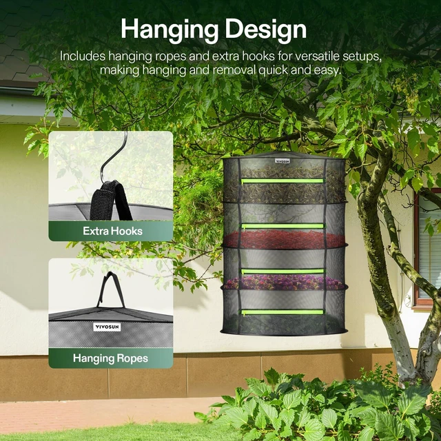 Alt view image 3 of 7 - 4-Layer Mesh Drying Rack Hanging Design with Green Zippers for Dehydrating, Indoor and Outdoor Pruning Shears Included