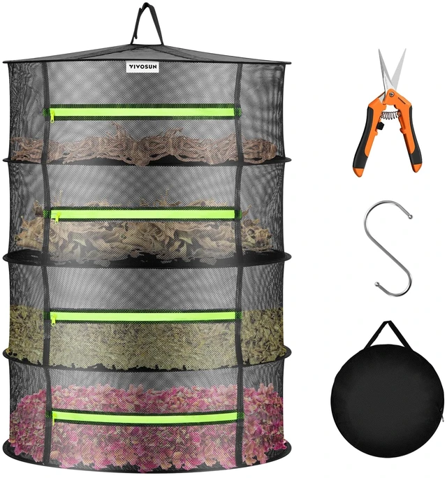 Main image of 4-Layer Mesh Drying Rack Hanging Design with Green Zippers for Dehydrating, Indoor and Outdoor Pruning Shears Included