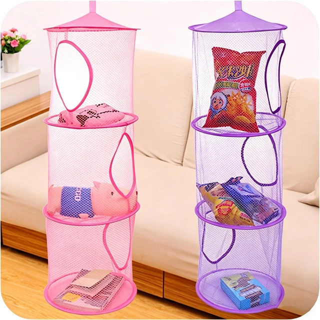 Alt view image 2 of 5 - Mesh Hanging Storage Basket with 3 Tiers,Foldable Hanging Storage Organizer Net Bag for Toys,Space Saving Clothes Lingerie Bra Underwear Socks Hanging Mesh Drying Net Laundry Hamper (Purple)