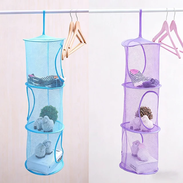 Alt view image 4 of 5 - Mesh Hanging Storage Basket with 3 Tiers,Foldable Hanging Storage Organizer Net Bag for Toys,Space Saving Clothes Lingerie Bra Underwear Socks Hanging Mesh Drying Net Laundry Hamper (Purple)
