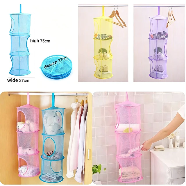 Alt view image 5 of 5 - Mesh Hanging Storage Basket with 3 Tiers,Foldable Hanging Storage Organizer Net Bag for Toys,Space Saving Clothes Lingerie Bra Underwear Socks Hanging Mesh Drying Net Laundry Hamper (Purple)
