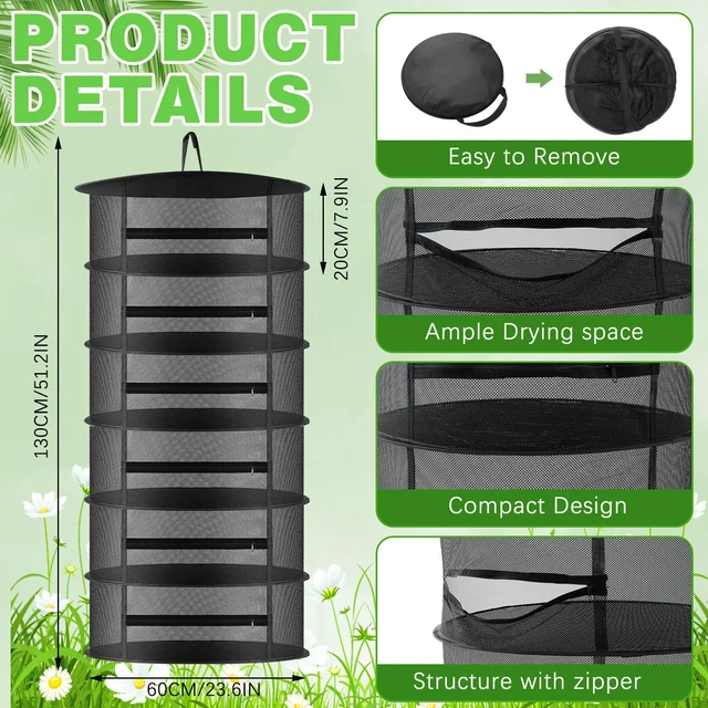 Alt view image 2 of 7 - 6 Layer Camping Drying Rack, 23.6 x 51 Extra Tall Herb Drying Net with Storage Bag, Outdoor Hanging Foldable Mesh Organizer for Herbs, Flowers, Clothing & Food