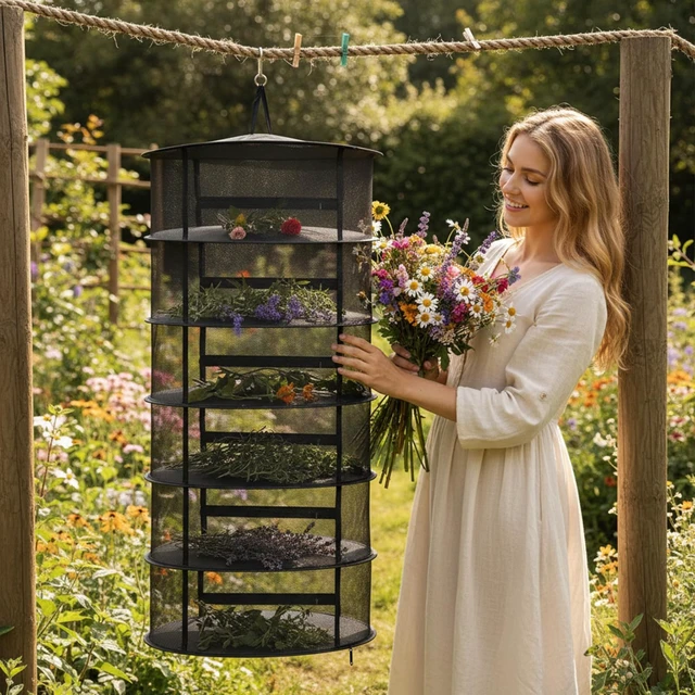 Alt view image 4 of 7 - 6 Layer Camping Drying Rack, 23.6 x 51 Extra Tall Herb Drying Net with Storage Bag, Outdoor Hanging Foldable Mesh Organizer for Herbs, Flowers, Clothing & Food