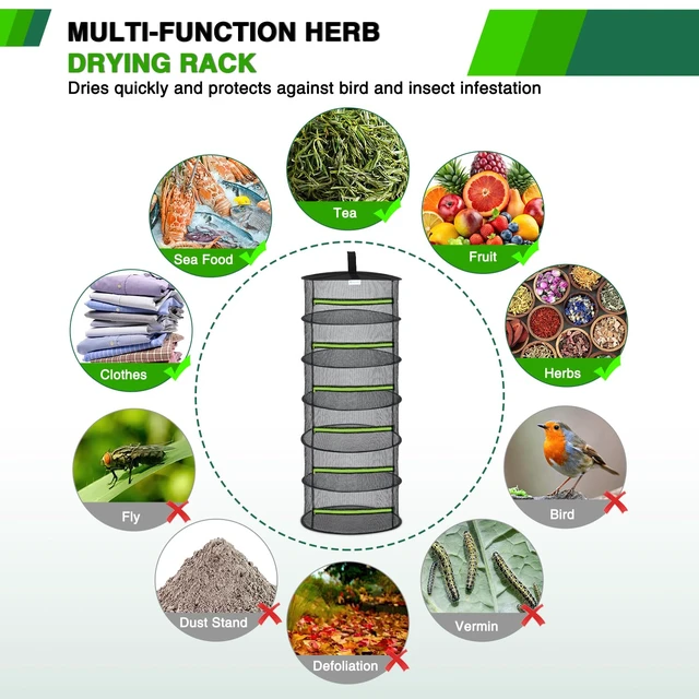 Alt view image 2 of 7 - 6 Layer Herb Drying Rack Hanging Mesh Net Foldable Plant Drying Racks 24" w Green Zipper Pruning Shears Hook Dryer Hanging Rack for Herbs Seed Bud Fruit Clothes Grow Tent Closets Garden Outdoor
