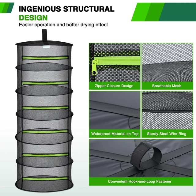 Alt view image 3 of 7 - 6 Layer Herb Drying Rack Hanging Mesh Net Foldable Plant Drying Racks 24" w Green Zipper Pruning Shears Hook Dryer Hanging Rack for Herbs Seed Bud Fruit Clothes Grow Tent Closets Garden Outdoor