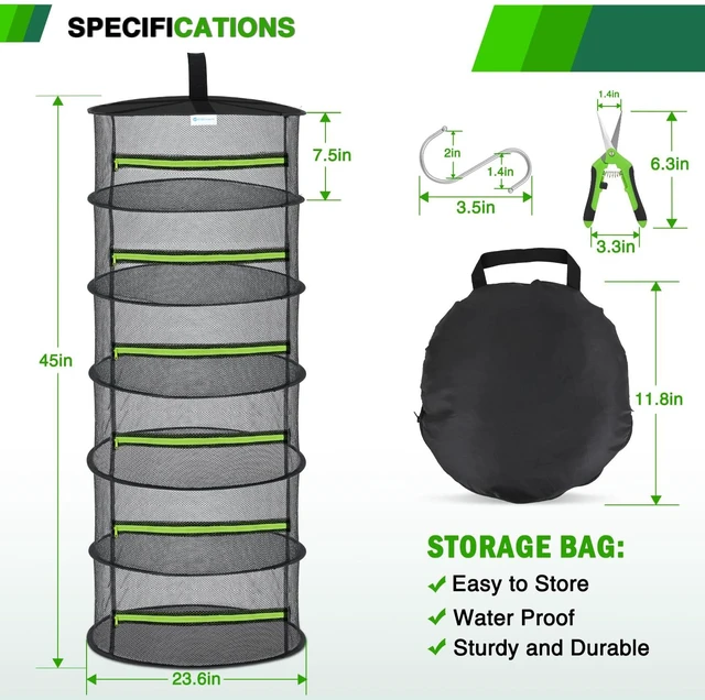 Alt view image 6 of 7 - 6 Layer Herb Drying Rack Hanging Mesh Net Foldable Plant Drying Racks 24" w Green Zipper Pruning Shears Hook Dryer Hanging Rack for Herbs Seed Bud Fruit Clothes Grow Tent Closets Garden Outdoor