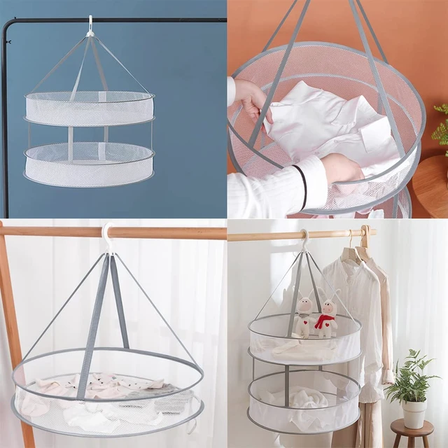 Alt view image 2 of 7 - 2 Pack Drying Rack Clothing Collapsible Laundry Basket 23'' Folding Hanging Dry Net Mesh Dryer with Hook for Clothes Drying Household Lingerie Sweater Blouse Herb (1Tier+2Tier)