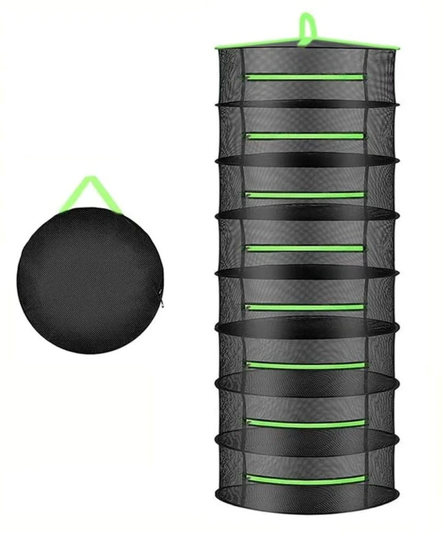 Main image of Herb Drying Rack 8 Layer 2ft Foldable Hanging Mesh Net Dryer with Green Zippers, Free Storage Bag