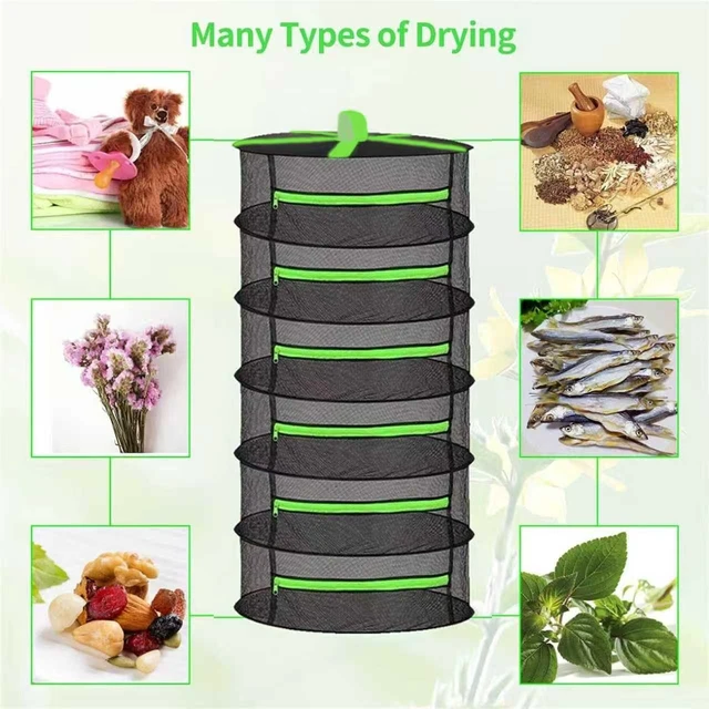 Alt view image 5 of 7 - Herb Drying Rack 8 Layer 2ft Foldable Hanging Mesh Net Dryer with Green Zippers, Free Storage Bag