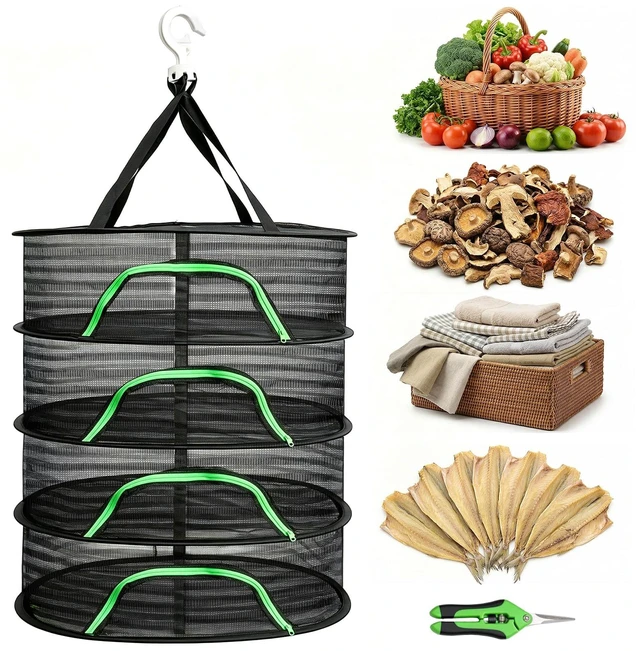Main image of 4 Layer Herb Drying Rack with Zipper, Hanging Mesh Net with Garden Shear, Collapsible Food Drying Net for Seeds, Buds, Fruits, Vegetables, Herbs, Fish, Clothes(Black)