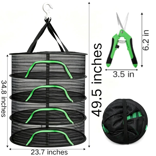 Alt view image 2 of 7 - 4 Layer Herb Drying Rack with Zipper, Hanging Mesh Net with Garden Shear, Collapsible Food Drying Net for Seeds, Buds, Fruits, Vegetables, Herbs, Fish, Clothes(Black)