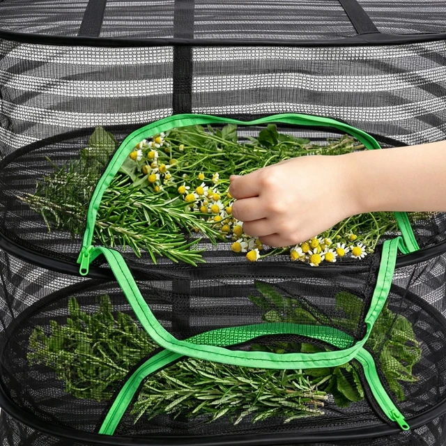 Alt view image 4 of 7 - 4 Layer Herb Drying Rack with Zipper, Hanging Mesh Net with Garden Shear, Collapsible Food Drying Net for Seeds, Buds, Fruits, Vegetables, Herbs, Fish, Clothes(Black)